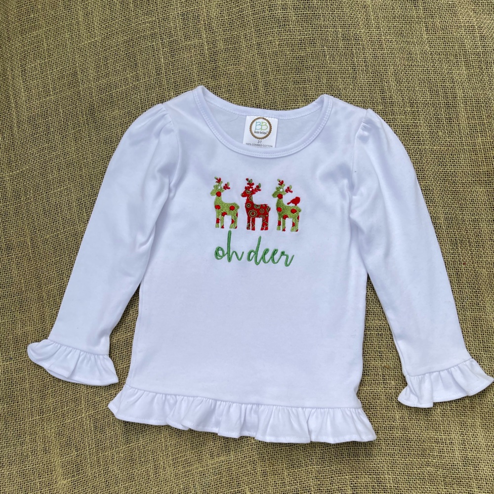 Festive Christmas shirt  White Long Sleeve Kids Tee with Reindeer Design